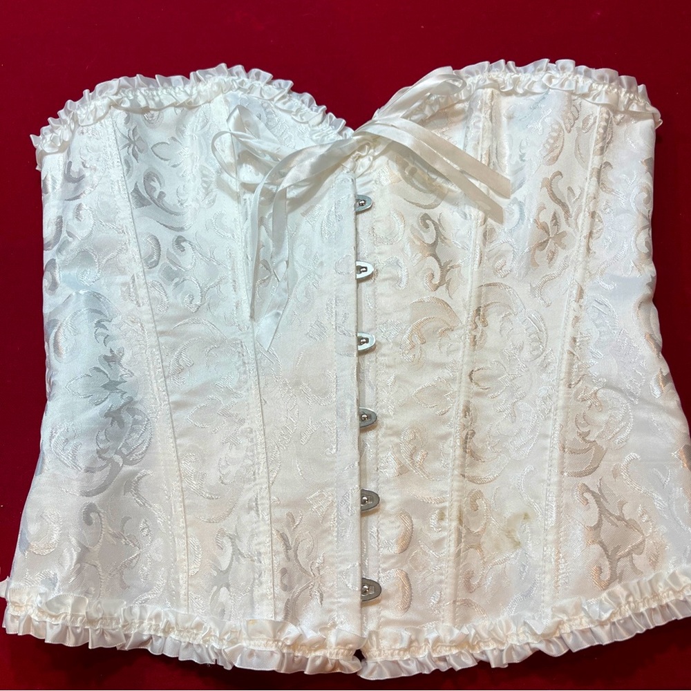 WHITE bride CORSET XL Bridal SATIN Ribbon LACE UP Silver eye Hooks Sweetheart XL